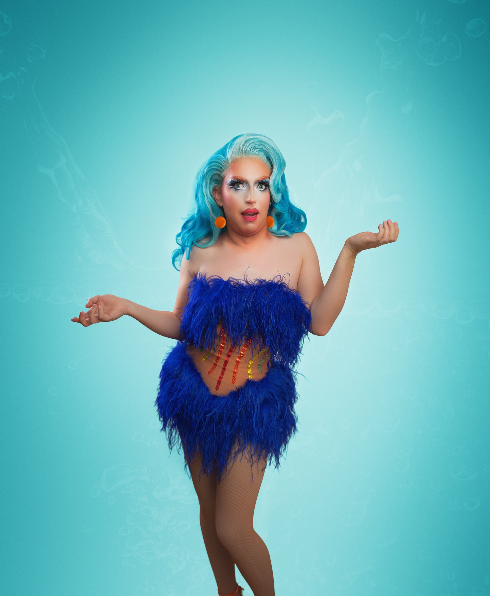 Irene Bru in a blue feather dress, full length